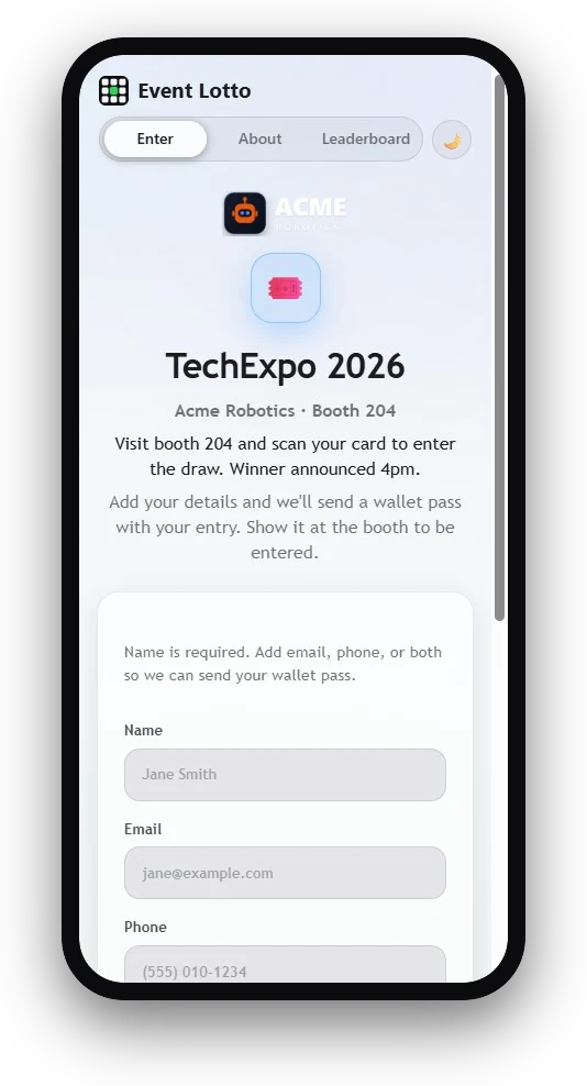 Phone showing the Event Lotto entry page for a demo contest