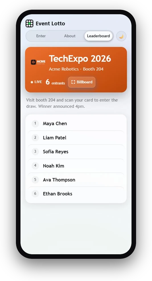 Phone showing the live entrant leaderboard for a demo contest